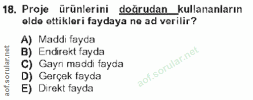 18. soru: Proje ürünlerini doğrudan_kullananların elde ettikleri faydaya ne ad verilir? A) Maddi fayda B) Endırekt fayda C) Gay…