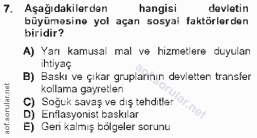 7. soru: Aşağıdakilerden hangisi devletin büyümesine yol açan sosyal faktörlerden biridir? A) Yarı kamusal mal ve hizmetlere d…