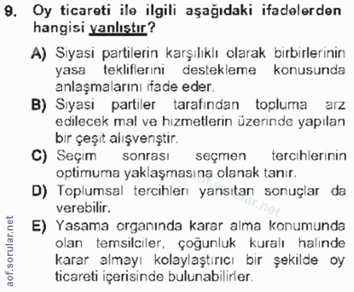 9. soru: Oy ticareti ile ilgili aşağıdaki ifadelerden hangisi yanlıştır? A) Siyasi partilerin karşılıklı olarak birbirlerinin…