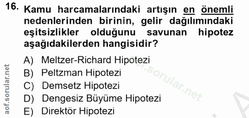 16. soru: Kamu harcamalarındaki artışın en önemli nedenlerinden birinin, gelir dağılımındaki eşitsizlikler olduğunu savunan hip…