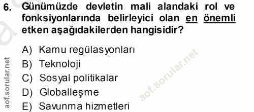 6. soru: Günümüzde devletin mali alandaki rol ve fonksiyonlarında belirleyici olan en önemli etken aşağıdakilerden hangisidir?…