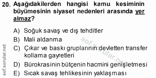 20. soru: Aşağıdakilerden hangisi kamu kesiminin büyümesinin siyaset nedenleri arasında yer almaz? A) Soğuk savaş ve dış tehdit…
