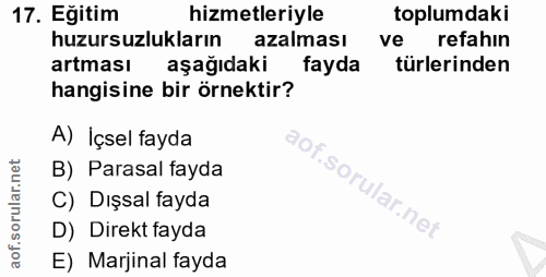 17. soru: Eğitim hizmetleriyle toplumdaki huzursuzlukların azalması ve refahin artması aşağıdaki fayda türlerinden hangisine bi…
