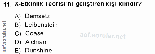 11. soru: X-Etkinlik Teorisi'ni geliştiren kişi kimdir? A) Demsetz B) Leibenstein C) Coase D) Alchian aof. E) Dunshine