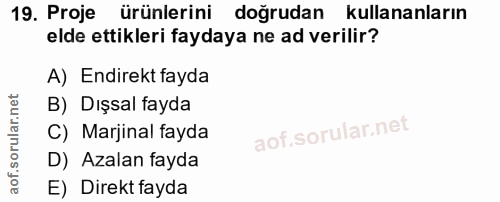19. soru: Proje ürünlerini doğrudan kullananların elde ettikleri faydaya ne ad verilir? A) Endirekt fayda B) Dışsal fayda C) Ma…