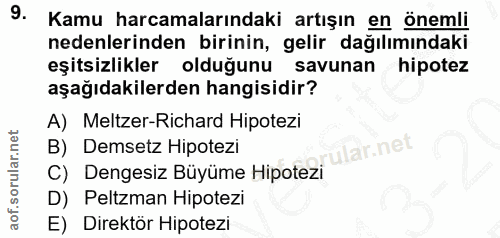 9. soru: Kamu harcamalarındaki artışın en önemli nedenlerinden birinin, gelir dağılımındaki eşitsizlikler olduğunu savunan hip…