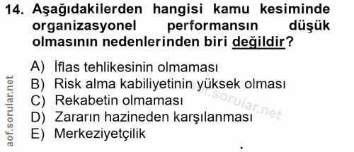 14. soru: Aşağıdakilerden hangisi kamu kesiminde organizasyonel performansın düşük olmasının nedenlerinden biri değildir? A) If…