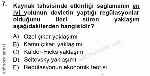7. soru: Kaynak tahsisinde etkinliği sağlamanın en iyi yolunun devletin yaptığı regülasyonlar olduğunu ileri süren yaklaşım aş…