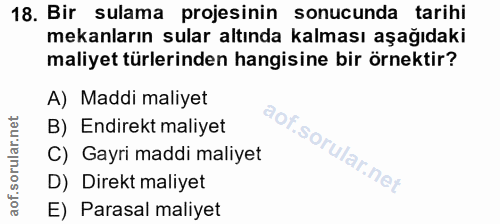18. soru: Bir sulama projesinin sonucunda tarihi mekanların sular altında kalması aşağıdaki maliyet türlerinden hangisine bir ö…