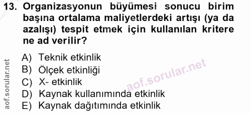 13. soru: Organizasyonun büyümesi sonucu birim başına ortalama maliyetlerdeki artışı (ya da azalışı) tespit etmek için kullanıl…