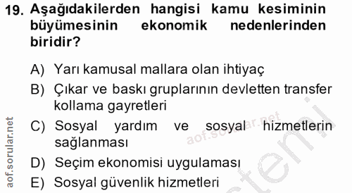 19. soru: Aşağıdakilerden hangisi kamu kesiminin büyümesinin ekonomik nedenlerinden biridir? A) Yarı kamusal mallara olan ihtiy…