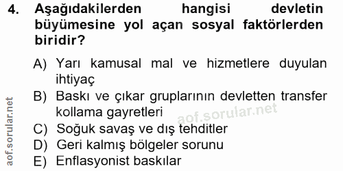 4. soru: Aşağıdakilerden hangisi devletin büyümesine yol açan sosyal faktörlerden biridir? A) Yarı kamusal mal ve hizmetlere d…