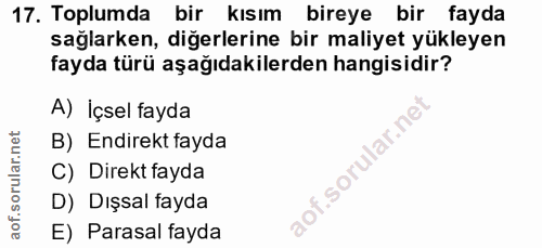 17. soru: Toplumda bir kısım | bireye bir fayda sağlarken, diğerlerine bir maliyet yükleyen fayda türü aşağıdakilerden hangisid…