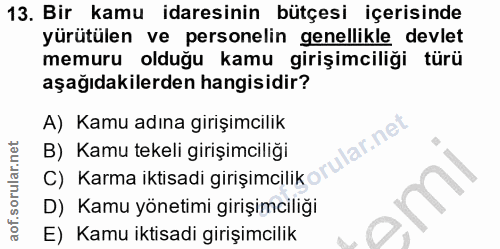 13. soru: Bir kamu idaresinin bütçesi içerisinde yürütülen ve personelin genellikle devlet memuru olduğu kamu girişimciliği tür…