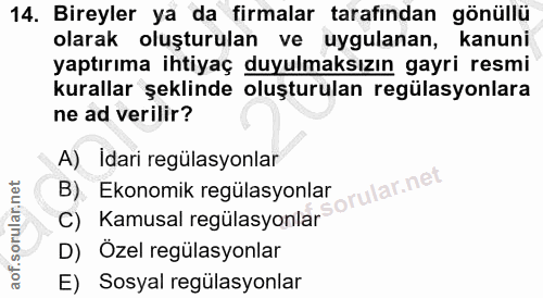14. soru: Bireyler ya da firmalar tarafından gönüllü olarak oluşturulan ve uygulanan, kanuni yaptırıma ihtiyaç duyulmaksızın ga…