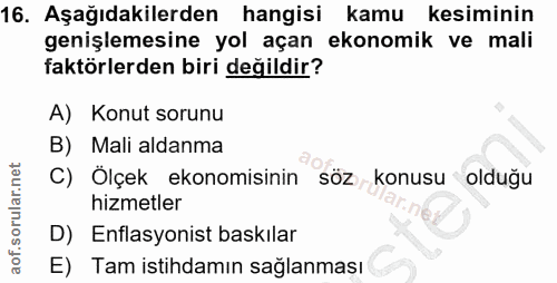 16. soru: Aşağıdakilerden hangisi kamu kesiminin genişlemesine yol açan ekonomik ve mali faktörlerden biri değildir? A) Konut s…
