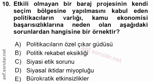 10. soru: Etkili olmayan bir baraj projesinin kendi seçim bölgesine yapılmasını kabul eden politikacıların varlığı, kamu ekonom…