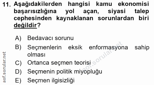 11. soru: Aşağıdakilerden hangisi kamu ekonomisi başarısızlığına yol açan, siyasi talep cephesinden kaynaklanan sorunlardan bir…