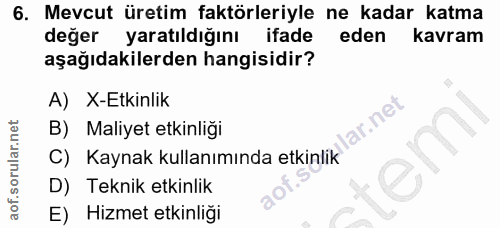 6. soru: Mevcut üretim faktörleriyle ne kadar katma değer yaratıldığını ifade eden kavram aşağıdakilerden hangisidir? A) X-Etk…
