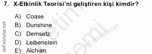 7. soru: X-Etkinlik Teorisi'ni geliştiren kişi kimdir? A) Coase B) Dunshine Demsetz agf.sprülar.net D) Leibenstein E) Alchian