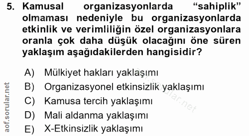 5. soru: Kamusal organizasyonlarda "sahiplik" olmaması nedeniyle bu organizasyonlarda etkinlik ve verimliliğin özel organizasy…
