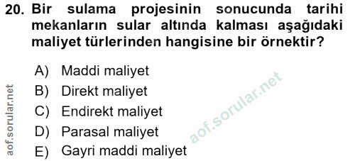 20. soru: Bir sulama projesinin sonucunda tarihi mekanların sular altında kalması aşağıdaki maliyet türlerinden hangisine bir ö…