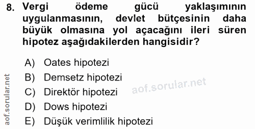 8. soru: Vergi ödeme gücü yaklaşımının uygulanmasının, devlet bütçesinin daha büyük olmasına yol açacağını ileri süren hipotez…