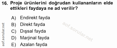16. soru: Proje ürünlerini doğrudan kullananların elde ettikleri faydaya ne ad verilir? A) Endirekt fayda B) Direkt fayda C) Dı…