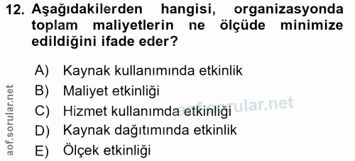 12. soru: Aşağıdakilerden hangisi, organizasyonda toplam maliyetlerin ne ölçüde minimize edildiğini ifade eder? A) Kaynak kulla…