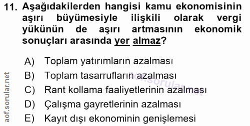11. soru: Aşağıdakilerden hangisi kamu ekonomisinin aşırı büyümesiyle ilişkili olarak vergi yükünün de aşırı artmasının ekonomi…