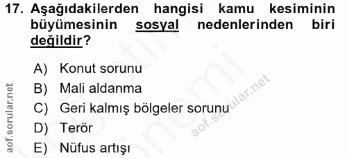 17. soru: Aşağıdakilerden hangisi kamu kesiminin büyümesinin sosyal nedenlerinden biri değildir? A) Konut sorunu lar.net B) Mal…