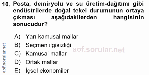 10. soru: Posta, demiryolu ve su üretim-dağıtımı gibi endüstrilerde doğal tekel durumunun ortaya Çıkması aşağıdakilerden hangis…