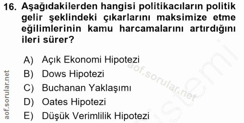 16. soru: Aşağıdakilerden hangisi politikacıların politik gelir şeklindeki çıkarlarını maksimize etme eğilimlerinin kamu harcam…