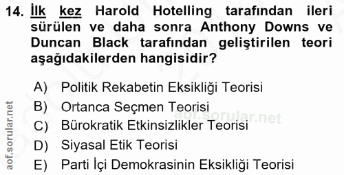 14. soru: Ilk 14. İlk kez Harold Hotelling tarafından ileri sürülen ve daha sonra Anthony Downs ve Duncan Black tarafından geli…