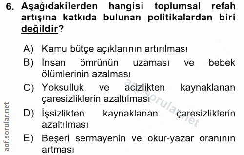 6. soru: Aşağıdakilerden hangisi toplumsal refah artışına katkıda bulunan politikalardan biri değildir? A) Kamu bütçe açıkları…