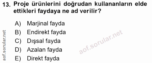 13. soru: Proje ürünlerini doğrudan kullananların elde ettikleri faydaya ne ad verilir? A) Marjinal fayda B) Endirekt fayda C)…