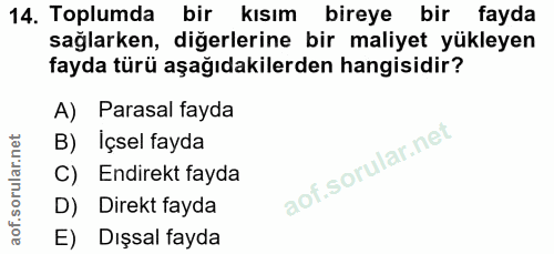 14. soru: Toplumda bir kısım bireye bir fayda sağlarken, diğerlerine bir maliyet yükleyen fayda türü aşağıdakilerden hangisidir…