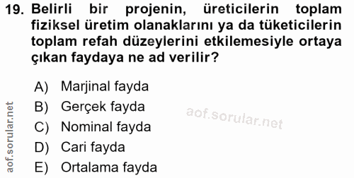19. soru: Belirli bir projenin, üreticilerin toplam fiziksel üretim olanaklarını ya da tüketicilerin toplam refah düzeylerini e…