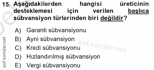 15. soru: Aşağıdakilerden hangisi üreticinin desteklemesi için verilen başlıca sübvansiyon türlerinden biri değildir? A) Garant…
