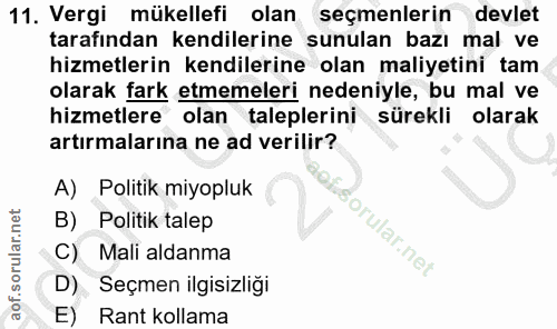 11. soru: Vergi mükellefi olan seçmenlerin devlet tarafından kendilerine sunulan bazı mal ve hizmetlerin kendilerine olan maliy…