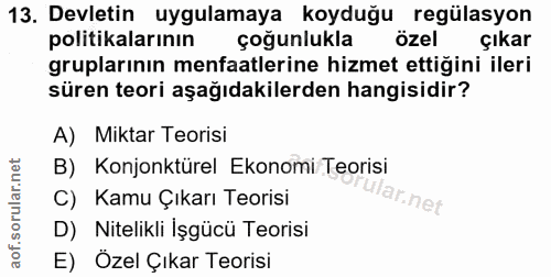 13. soru: Devletin uygulamaya koyduğu regülasyon politikalarının çoğunlukla özel çıkar gruplarının menfaatlerine hizmet ettiğin…