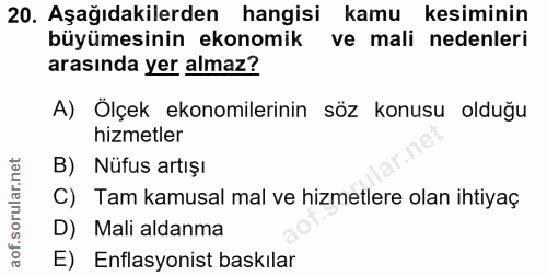 20. soru: Aşağıdakilerden hangisi kamu kesiminin büyümesinin ekonomik ve mali nedenleri arasında yer almaz? A) Ölçek ekonomiler…