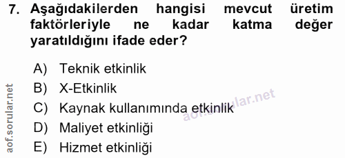7. soru: Aşağıdakilerden hangisi mevcut üretim faktörleriyle ne kadar katma değer yaratıldığını ifade eder? A) Teknik etkinlik…