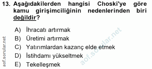 13. soru: Aşağıdakilerden hangisi Choski'ye göre kamu girişimciliğinin nedenlerinden biri değildir? A) Ihracatı artırmak B) Üre…