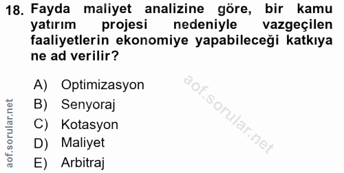 18. soru: Fayda maliyet analizine göre, bir kamu yatırım projesi nedeniyle vazgeçilen faaliyetlerin ekonomiye yapabileceği katk…