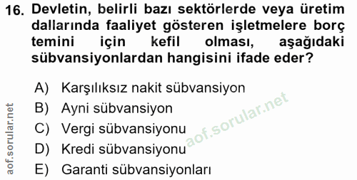 16. soru: Devletin, belirli bazı sektörlerde veya üretim dallarında faaliyet gösteren işletmelere borç temini için kefil olması…