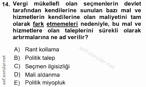 14. soru: Vergi mükellefi olan seçmenlerin devlet tarafından kendilerine sunulan bazı mal ve hizmetlerin kendilerine olan maliy…