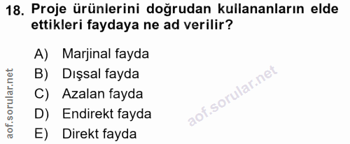 18. soru: Proje ürünlerini doğrudan kullananların elde ettikleri faydaya ne ad verilir? A) Marjinal fayda B) Dışsal fayda C) Az…