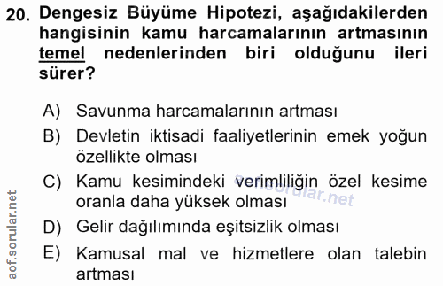 20. soru: Dengesiz Büyüme Hipotezi, aşağıdakilerden hangisinin kamu harcamalarının artmasının temel nedenlerinden biri olduğunu…