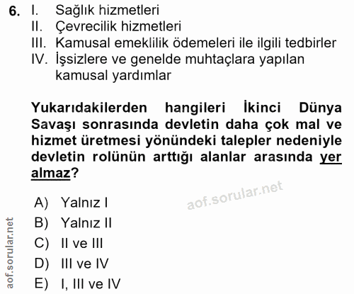 6. soru: l. Sağlık hizmetleri Il. Çevrecilik hizmetleri III. Kamusal emeklilik ödemeleri ile ilgili tedbirler IV. İşsizlere ve…